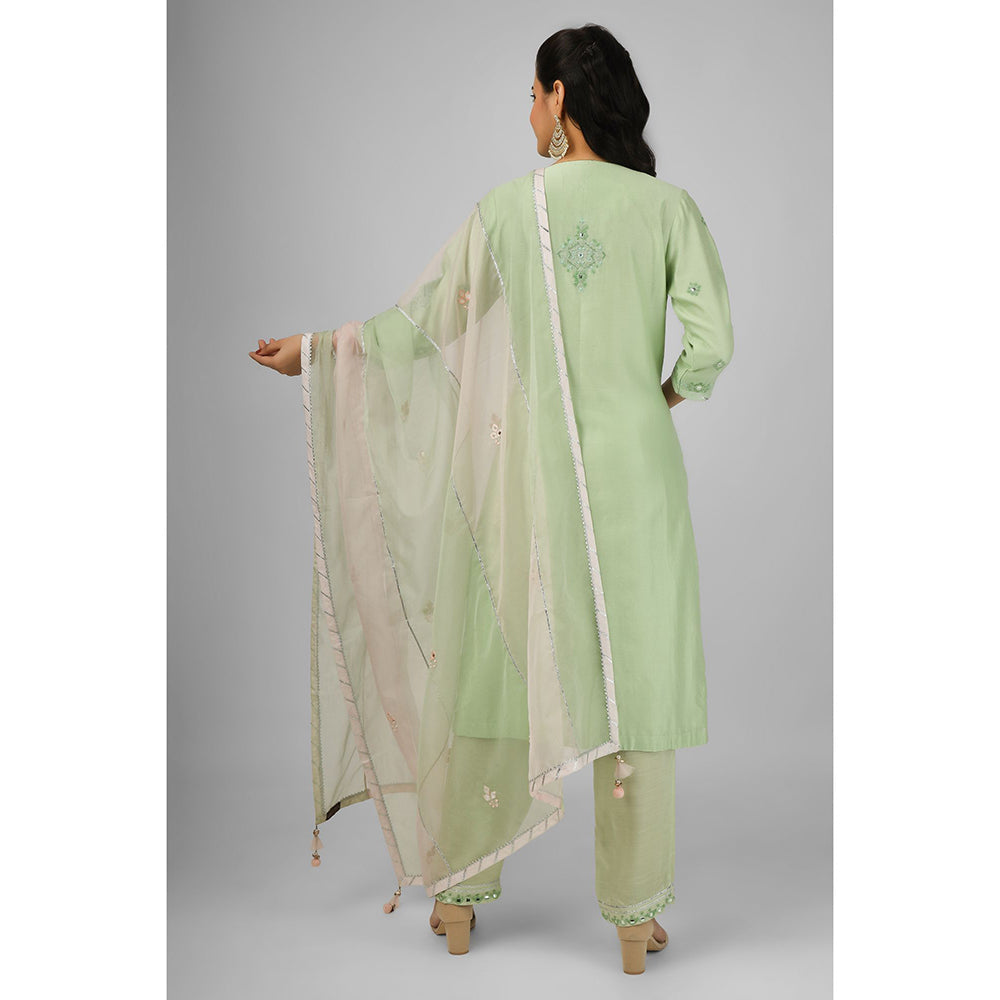 House of Supriya Lime Green Embroidered Silk Chanderi Kurta with Pant & Dupatta (Set of 3)