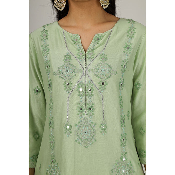 House of Supriya Lime Green Embroidered Silk Chanderi Kurta with Pant & Dupatta (Set of 3)