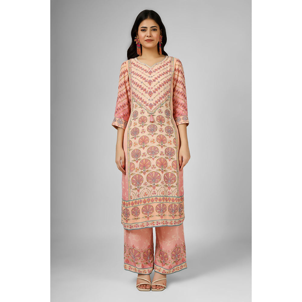 House of Supriya Printed Silk Georgette Peach Kurta with Pant & Dupatta (Set of 3)