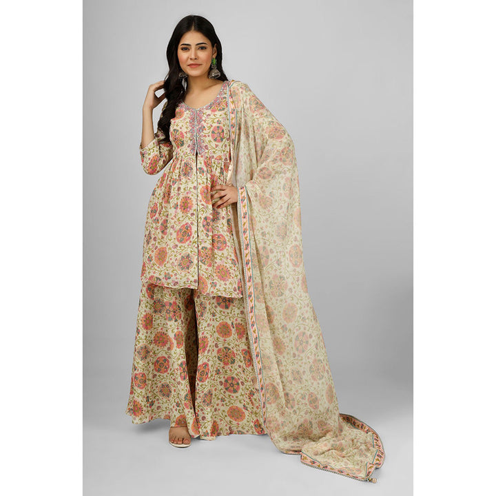 House of Supriya Printed Silk Georgette Yellow Kurta & Sharara with Dupatta (Set of 3)