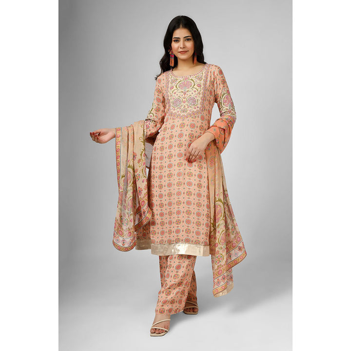 House of Supriya Printed Silk Georgette Stylised Peach Kurta with Pant & Dupatta (Set of 3)