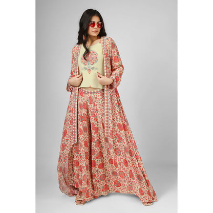 House of Supriya Printed Silk Georgette Multi Color Jacket with Top & Palazzo (Set of 3)