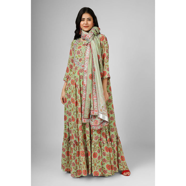 House of Supriya Printed Silk Georgette Green Anarkali Kurta with Dupatta (Set of 2)