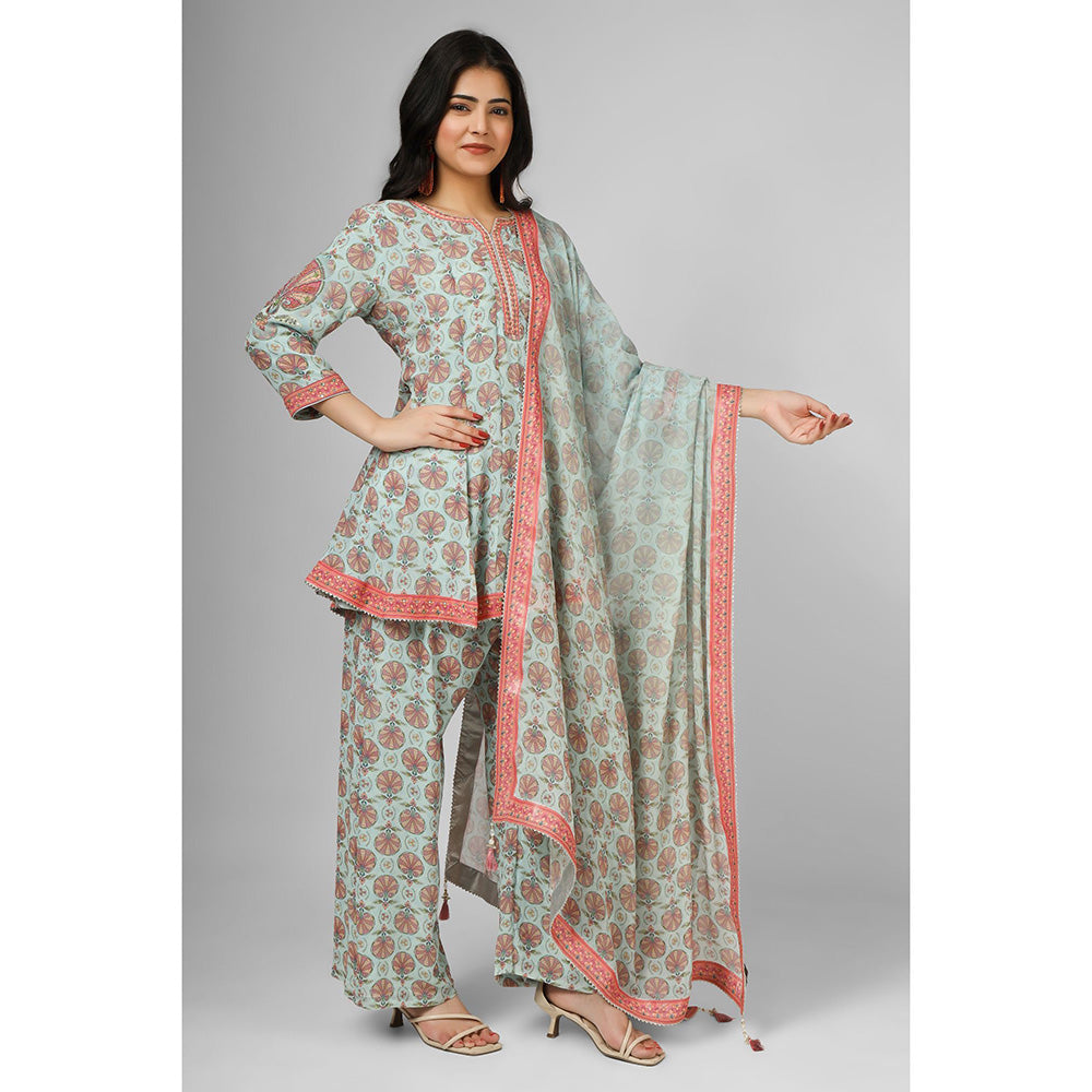 House of Supriya Printed Silk Georgette Stylised Blue Kurta & Pant with Dupatta (Set of 3)