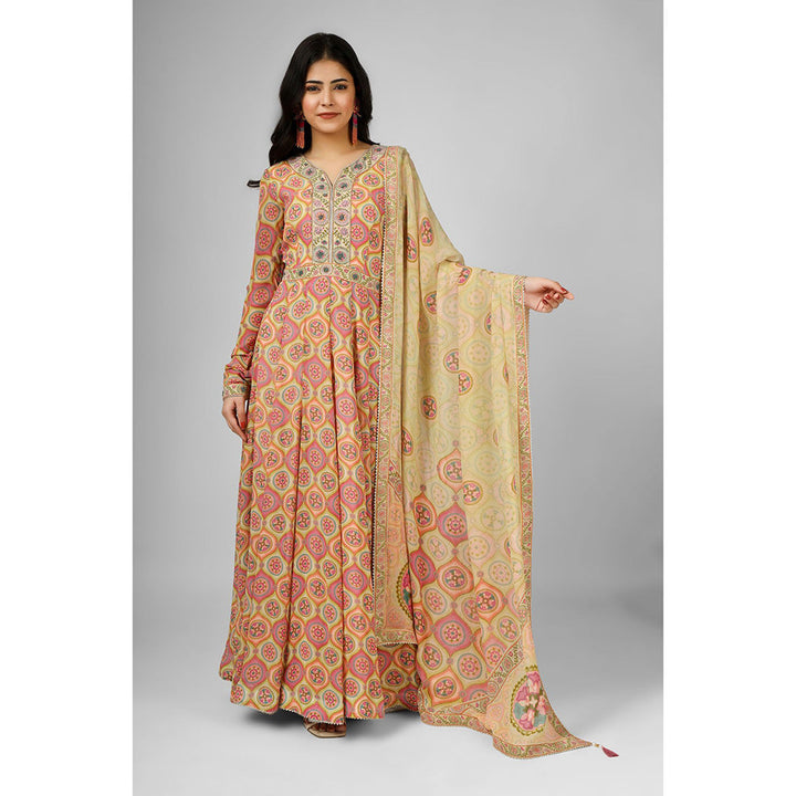 House of Supriya Printed Silk Georgette Orange Anarkali Kurta with Dupatta (Set of 2)