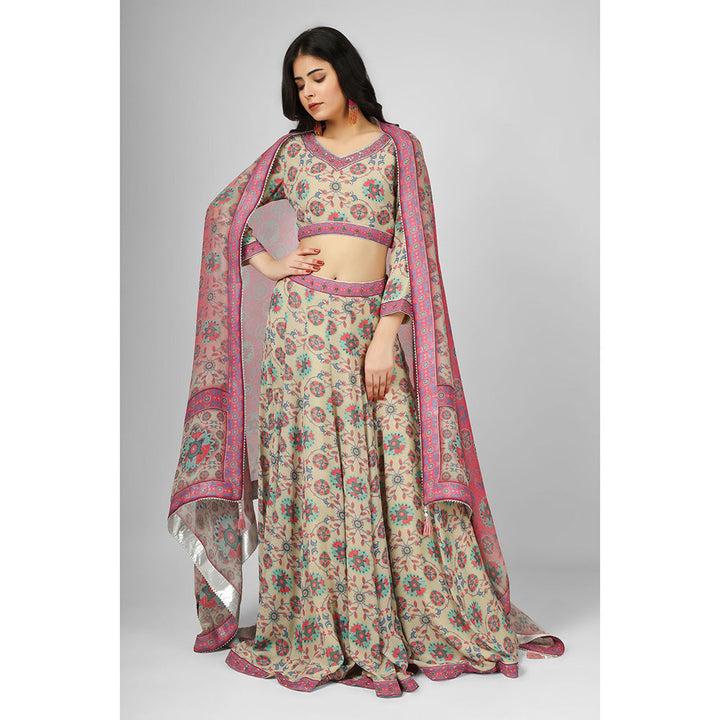 House of Supriya Printed Silk Georgette Grey Lehenga with Stitched Blouse & Dupatta (Set of 3)