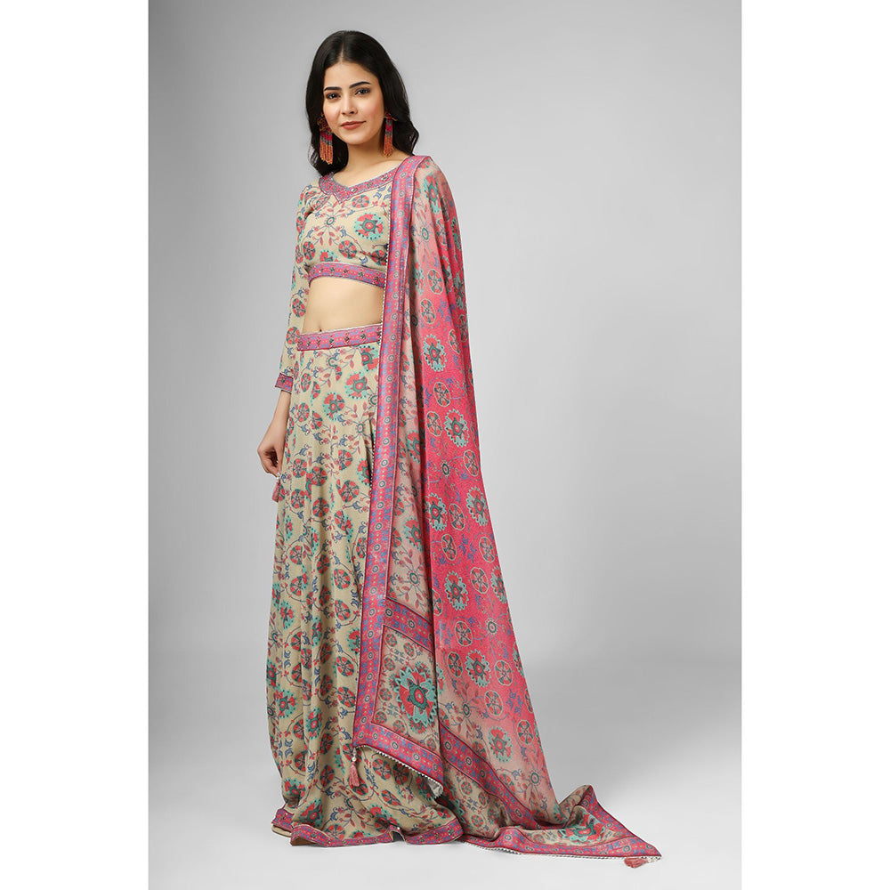 House of Supriya Printed Silk Georgette Grey Lehenga with Stitched Blouse & Dupatta (Set of 3)