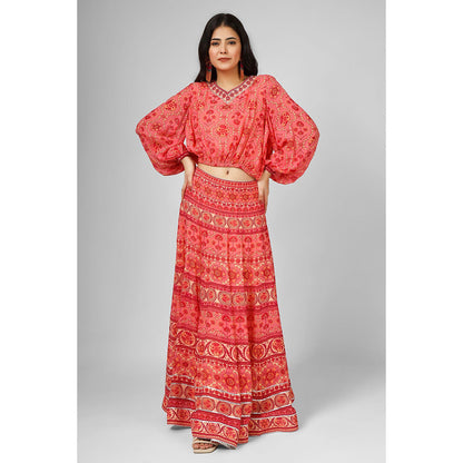 House of Supriya Printed Silk Georgette Red Co-Ord (Set of 2)