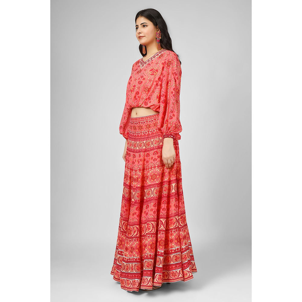 House of Supriya Printed Silk Georgette Red Co-Ord (Set of 2)