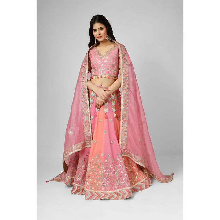 House of Supriya Pink Embroidered Georgette Lehenga with Stitched Blouse & Dupatta (Set of 3)