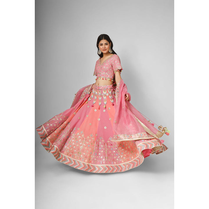 House of Supriya Pink Embroidered Georgette Lehenga with Stitched Blouse & Dupatta (Set of 3)