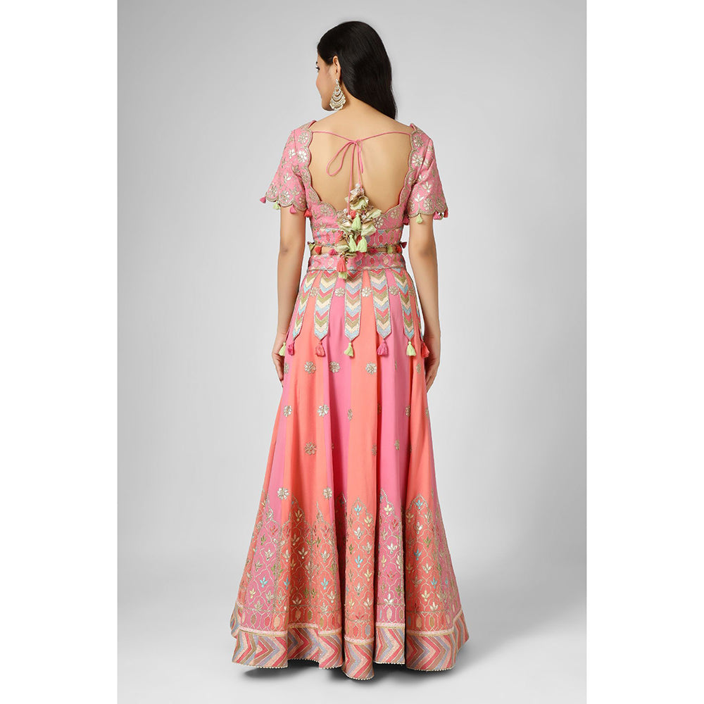 House of Supriya Pink Embroidered Georgette Lehenga with Stitched Blouse & Dupatta (Set of 3)