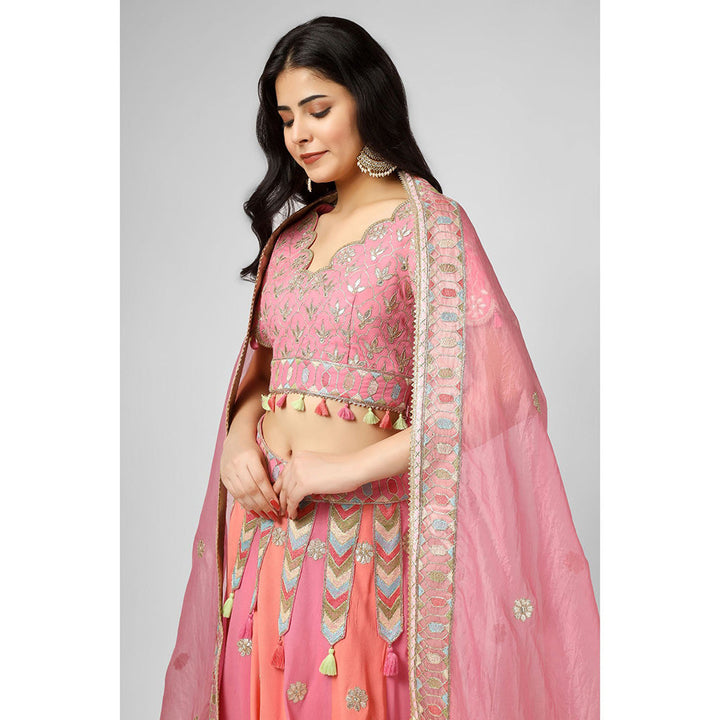 House of Supriya Pink Embroidered Georgette Lehenga with Stitched Blouse & Dupatta (Set of 3)