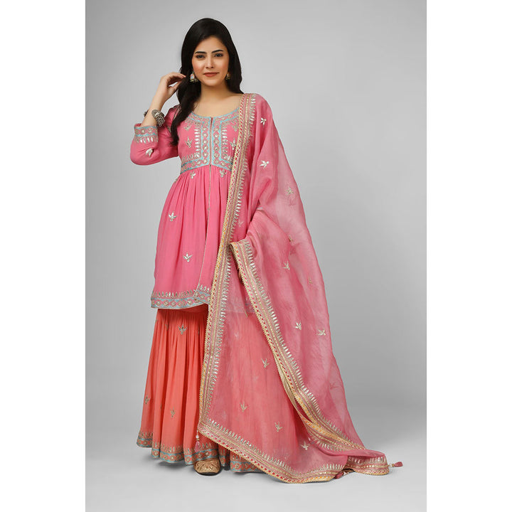 House of Supriya Pink Embroidered Georgette Kurta & Sharara with Dupatta (Set of 3)