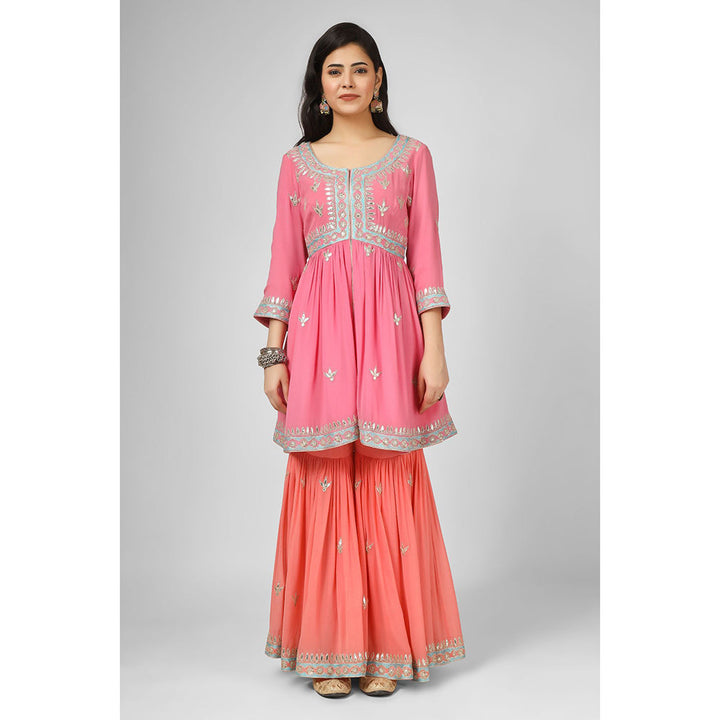 House of Supriya Pink Embroidered Georgette Kurta & Sharara with Dupatta (Set of 3)