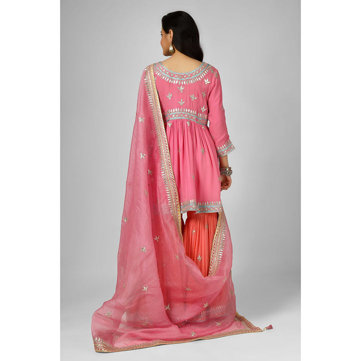 House of Supriya Pink Embroidered Georgette Kurta & Sharara with Dupatta (Set of 3)