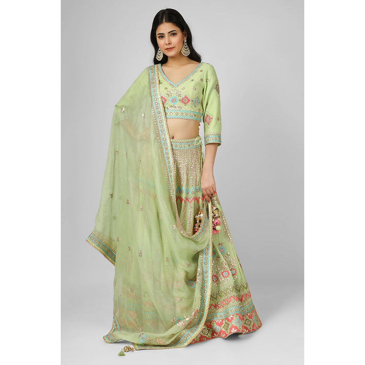 House of Supriya Lime Green Georgette Lehenga with Stitched Blouse & Dupatta (Set of 3)