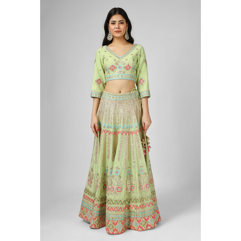 House of Supriya Lime Green Georgette Lehenga with Stitched Blouse & Dupatta (Set of 3)