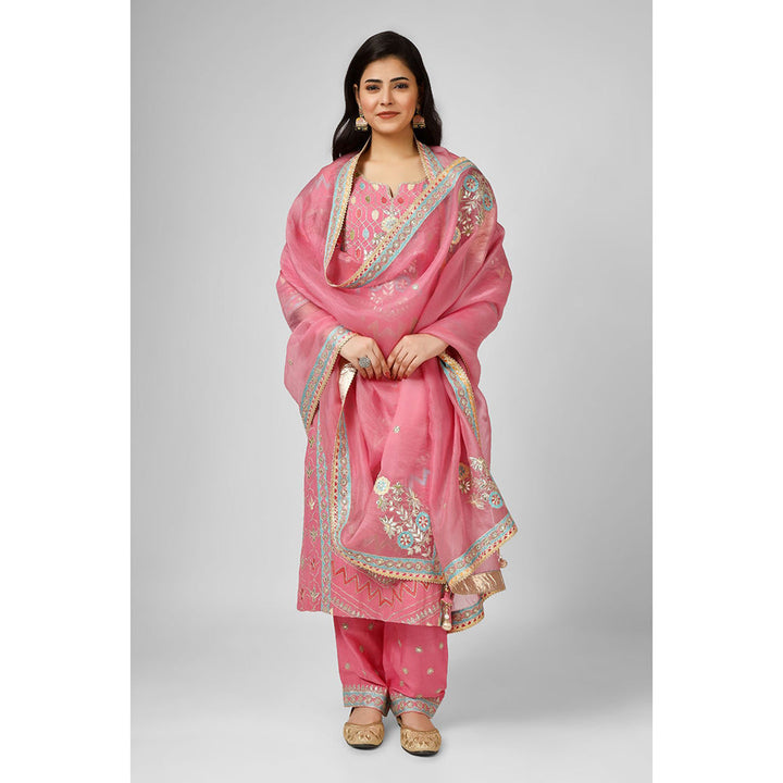 House of Supriya Pink Embroidered Georgette Kurta & Pant with Dupatta (Set of 3)