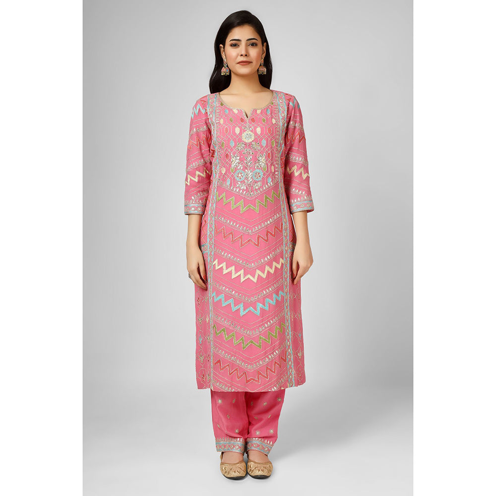 House of Supriya Pink Embroidered Georgette Kurta & Pant with Dupatta (Set of 3)