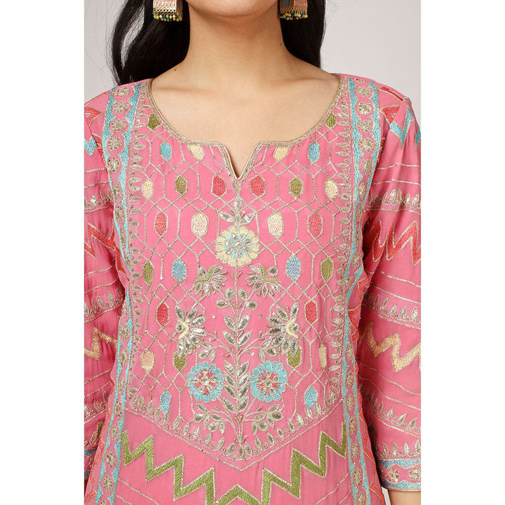 House of Supriya Pink Embroidered Georgette Kurta & Pant with Dupatta (Set of 3)