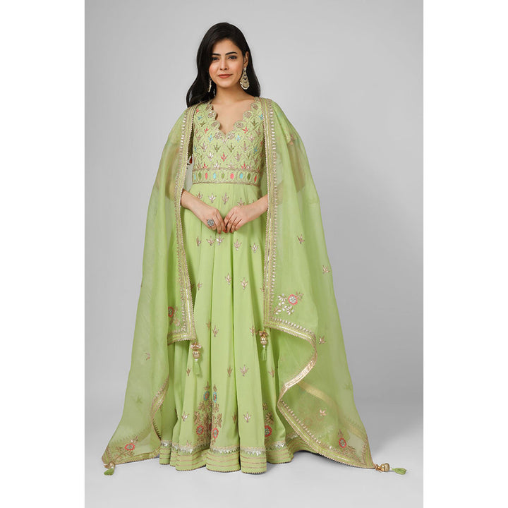 House of Supriya Green Embroidered Georgette Anarkali Kurta with Pant & Dupatta (Set of 3)