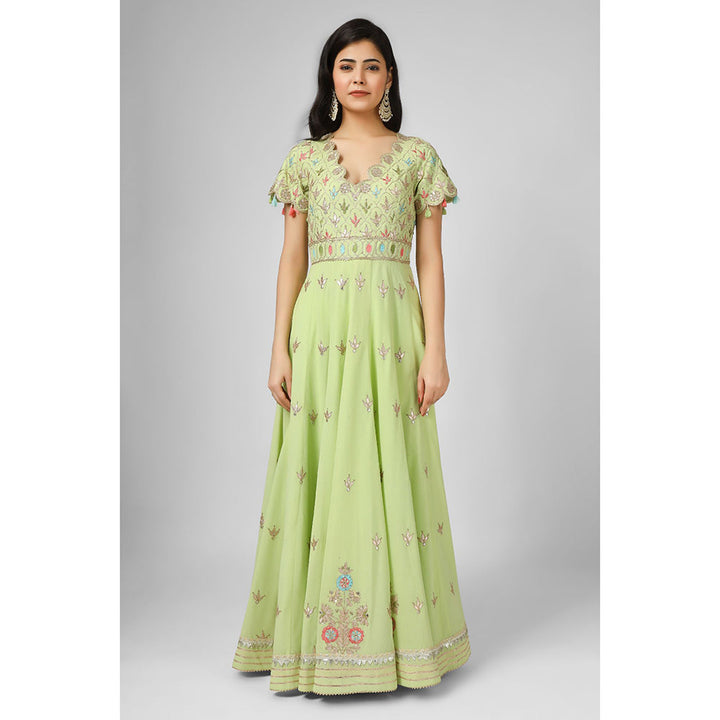 House of Supriya Green Embroidered Georgette Anarkali Kurta with Pant & Dupatta (Set of 3)