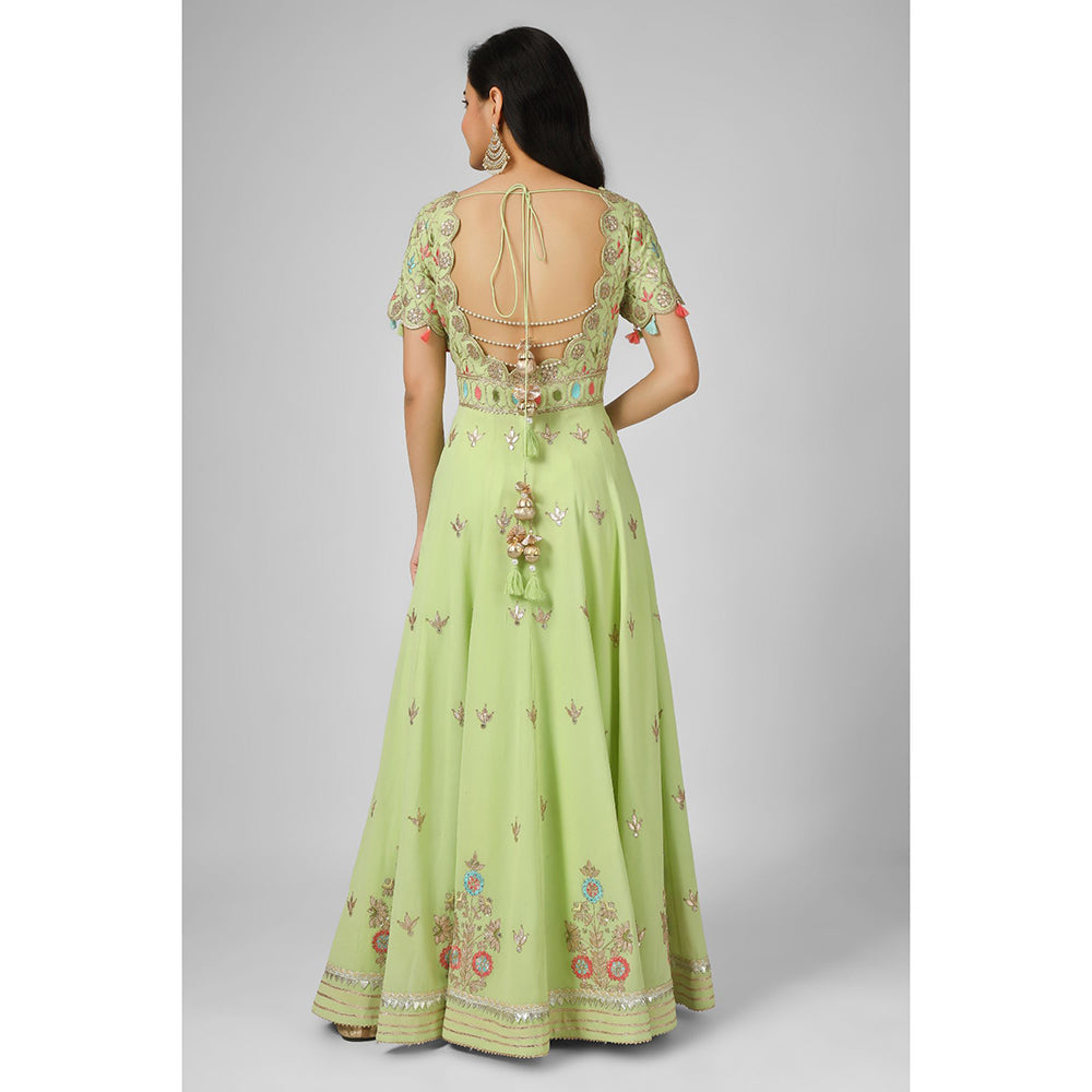 House of Supriya Green Embroidered Georgette Anarkali Kurta with Pant & Dupatta (Set of 3)