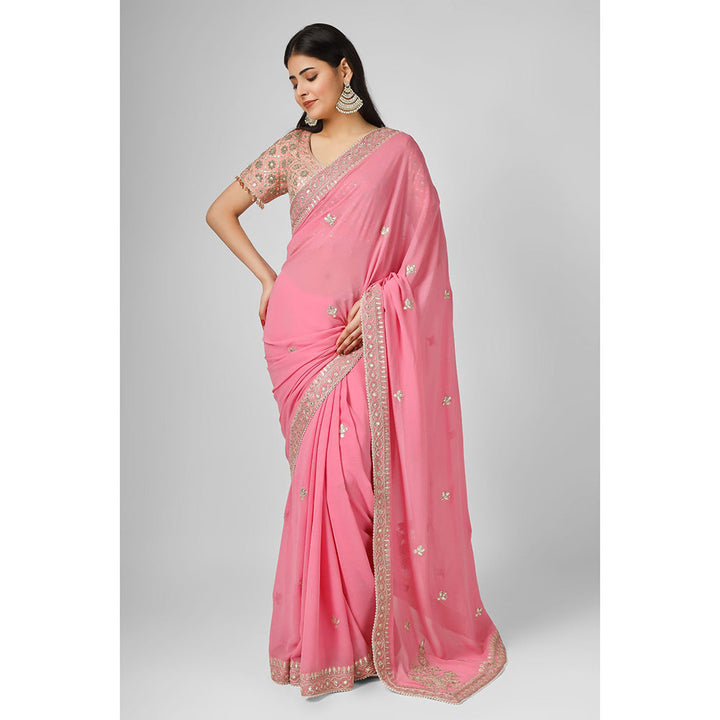 House of Supriya Pink Embroidered Georgette Saree with Stitched Blouse