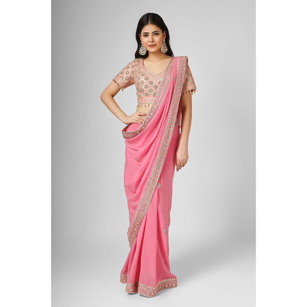 House of Supriya Pink Embroidered Georgette Saree with Stitched Blouse