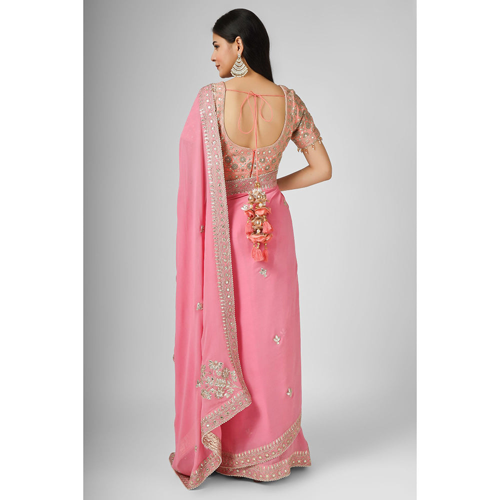 House of Supriya Pink Embroidered Georgette Saree with Stitched Blouse