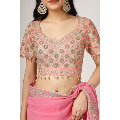 House of Supriya Pink Embroidered Georgette Saree with Stitched Blouse