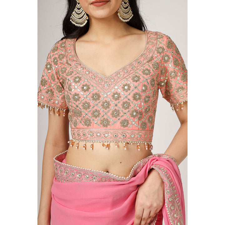 House of Supriya Pink Embroidered Georgette Saree with Stitched Blouse