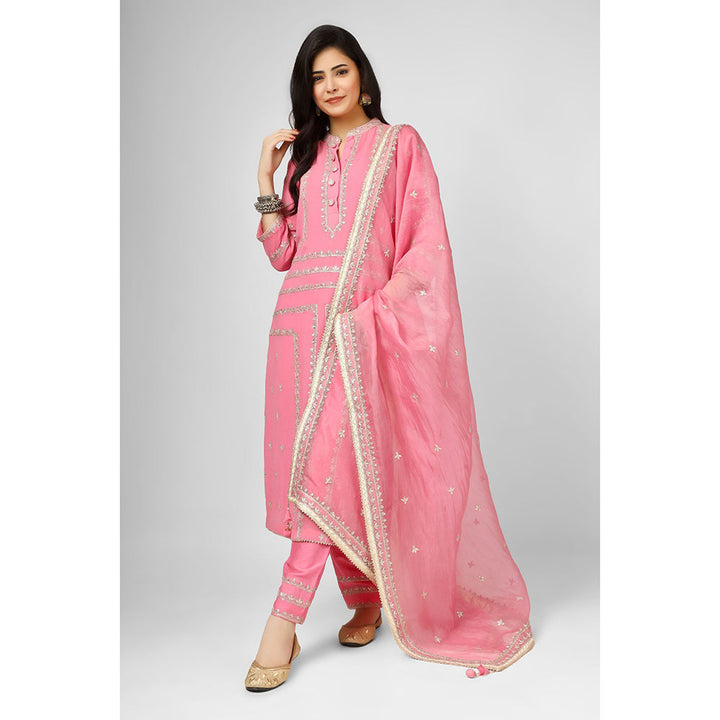 House of Supriya Pink Embroidered Georgette Kurta & Pant with Dupatta (Set of 3)