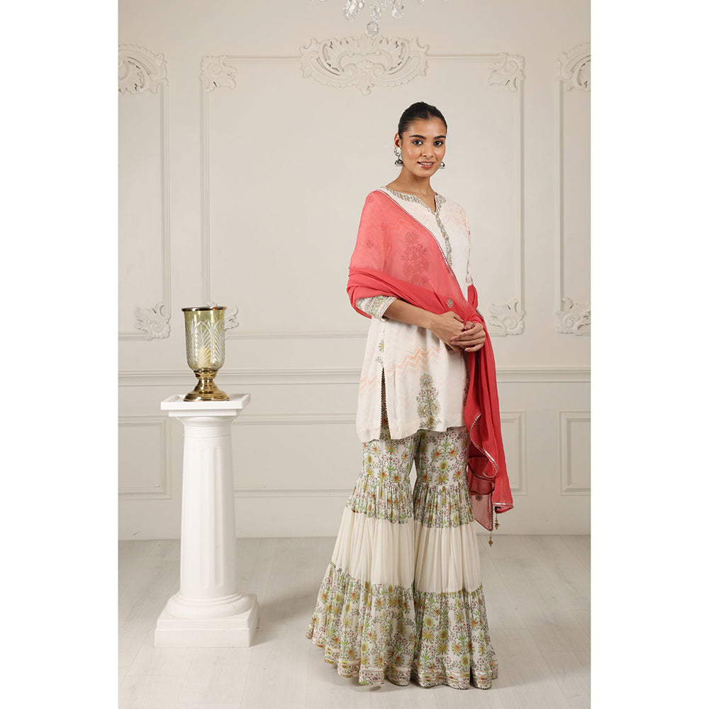 House of Supriya Printed Silk Georgette White Kurta with Sharara & Dupatta (Set of 3)