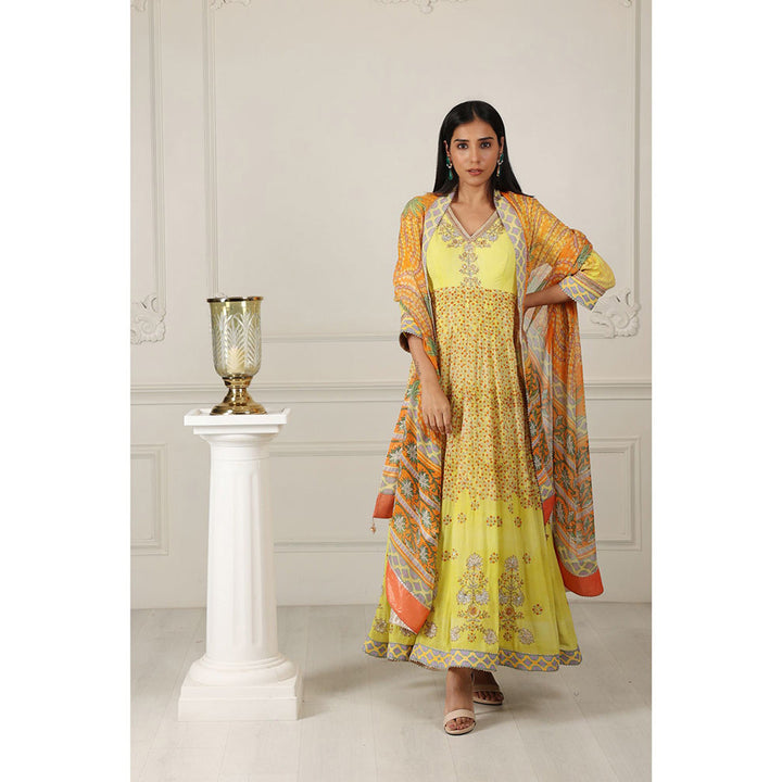 House of Supriya Printed Silk Georgette Yellow Anarkali Kurta with Pant & Dupatta (Set of 3)