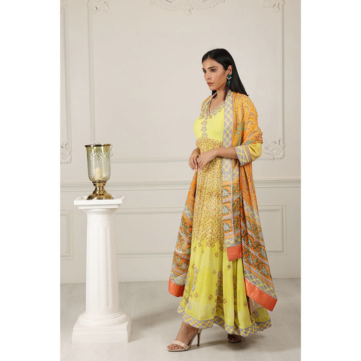 House of Supriya Printed Silk Georgette Yellow Anarkali Kurta with Pant & Dupatta (Set of 3)