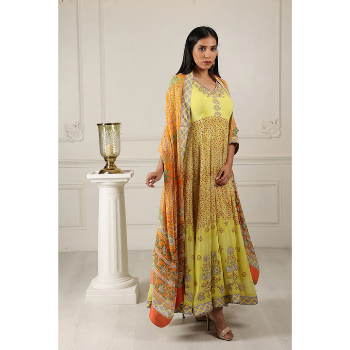 House of Supriya Printed Silk Georgette Yellow Anarkali Kurta with Pant & Dupatta (Set of 3)