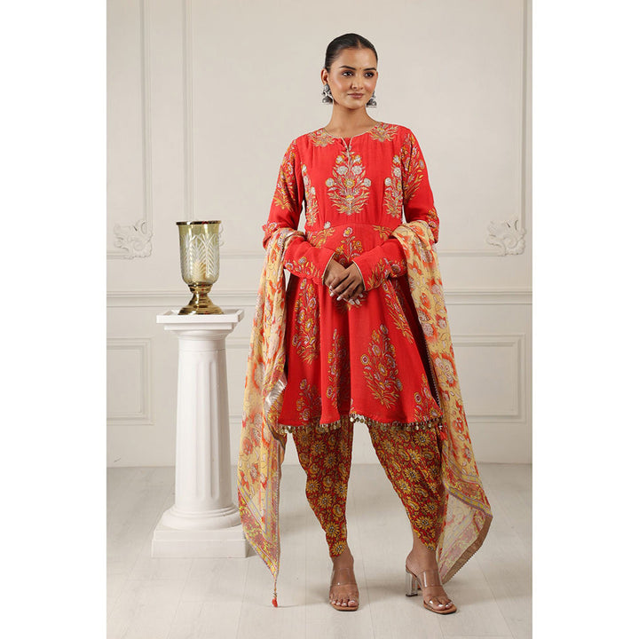 House of Supriya Printed Silk Georgette Red Kurta & Dhoti Pant with Dupatta (Set of 3)