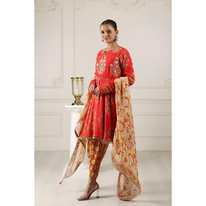 House of Supriya Printed Silk Georgette Red Kurta & Dhoti Pant with Dupatta (Set of 3)