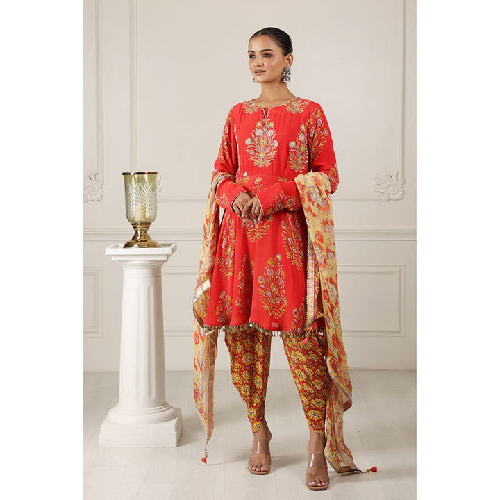 House of Supriya Printed Silk Georgette Red Kurta & Dhoti Pant with Dupatta (Set of 3)