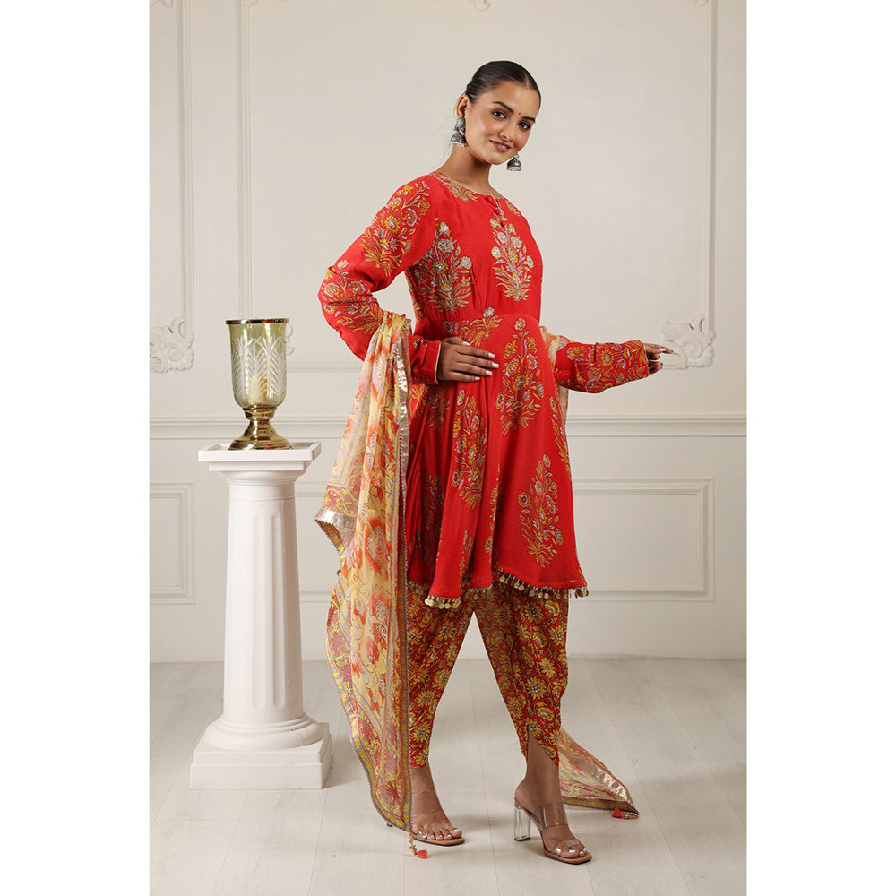 House of Supriya Printed Silk Georgette Red Kurta & Dhoti Pant with Dupatta (Set of 3)