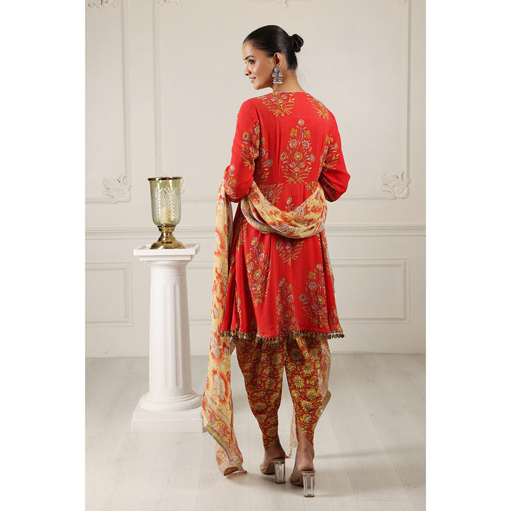 House of Supriya Printed Silk Georgette Red Kurta & Dhoti Pant with Dupatta (Set of 3)