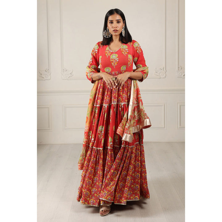 House of Supriya Printed Silk Georgette Anarkali Red Kurta with Dupatta (Set of 2)