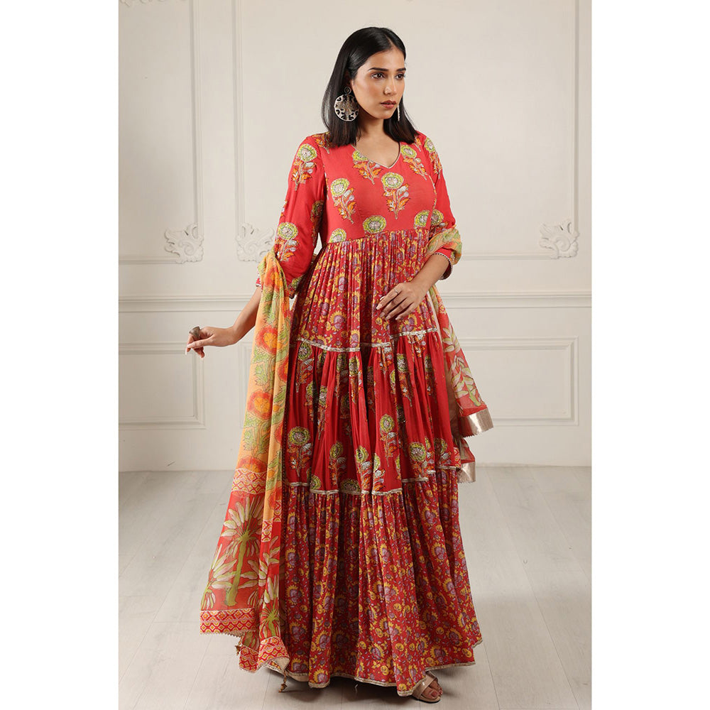 House of Supriya Printed Silk Georgette Anarkali Red Kurta with Dupatta (Set of 2)