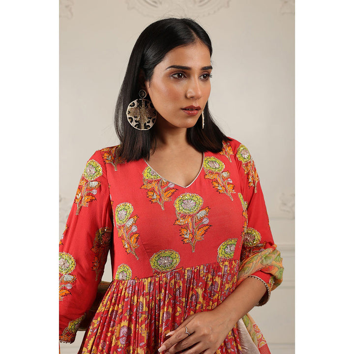 House of Supriya Printed Silk Georgette Anarkali Red Kurta with Dupatta (Set of 2)