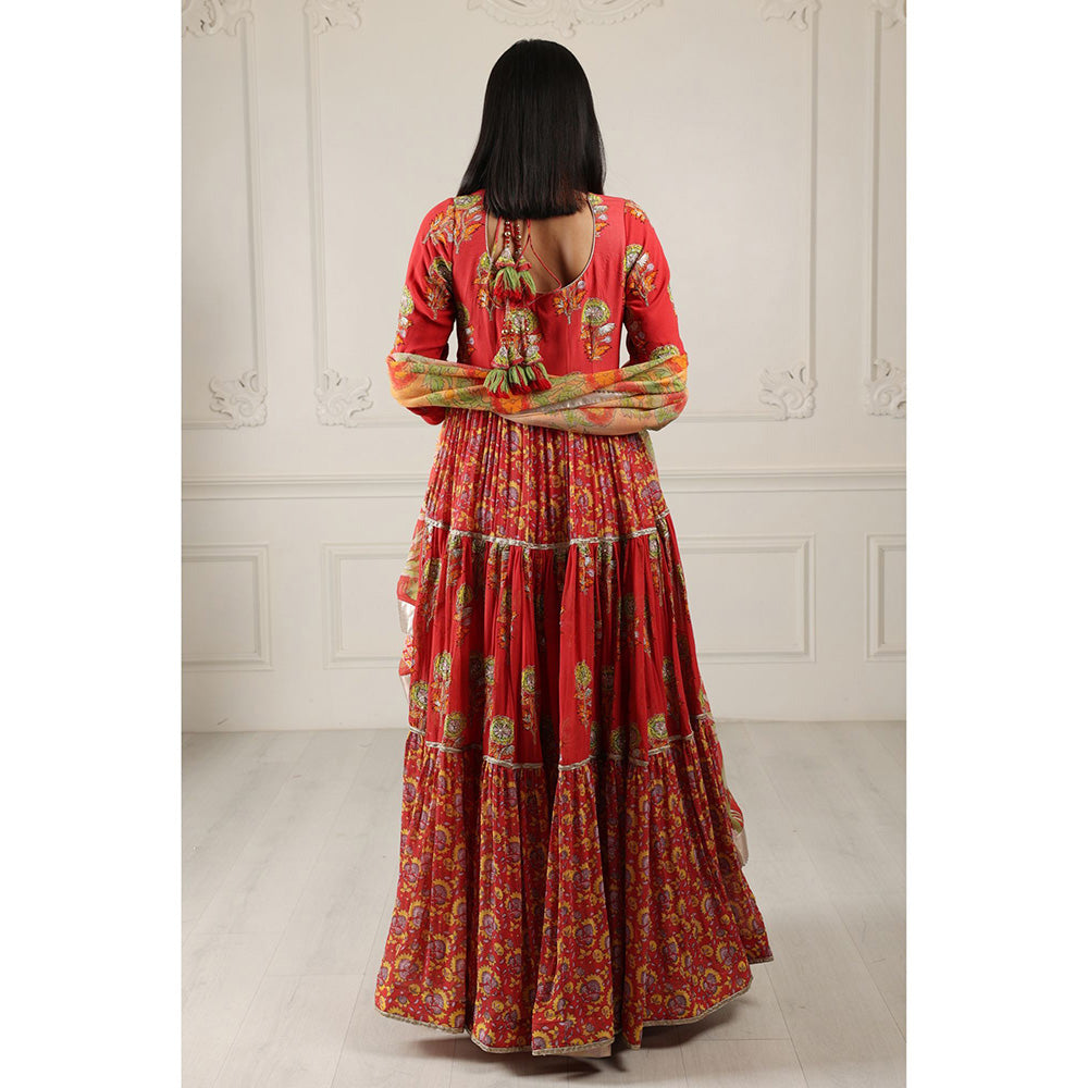 House of Supriya Printed Silk Georgette Anarkali Red Kurta with Dupatta (Set of 2)