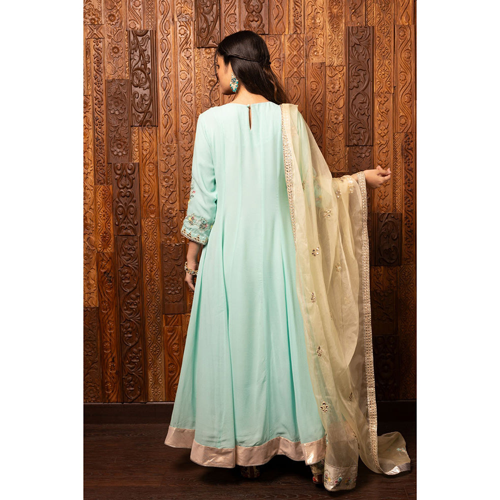 House of Supriya Turquoise Silk Georgette Anarkali Kurta & Pant with Dupatta (Set of 3)