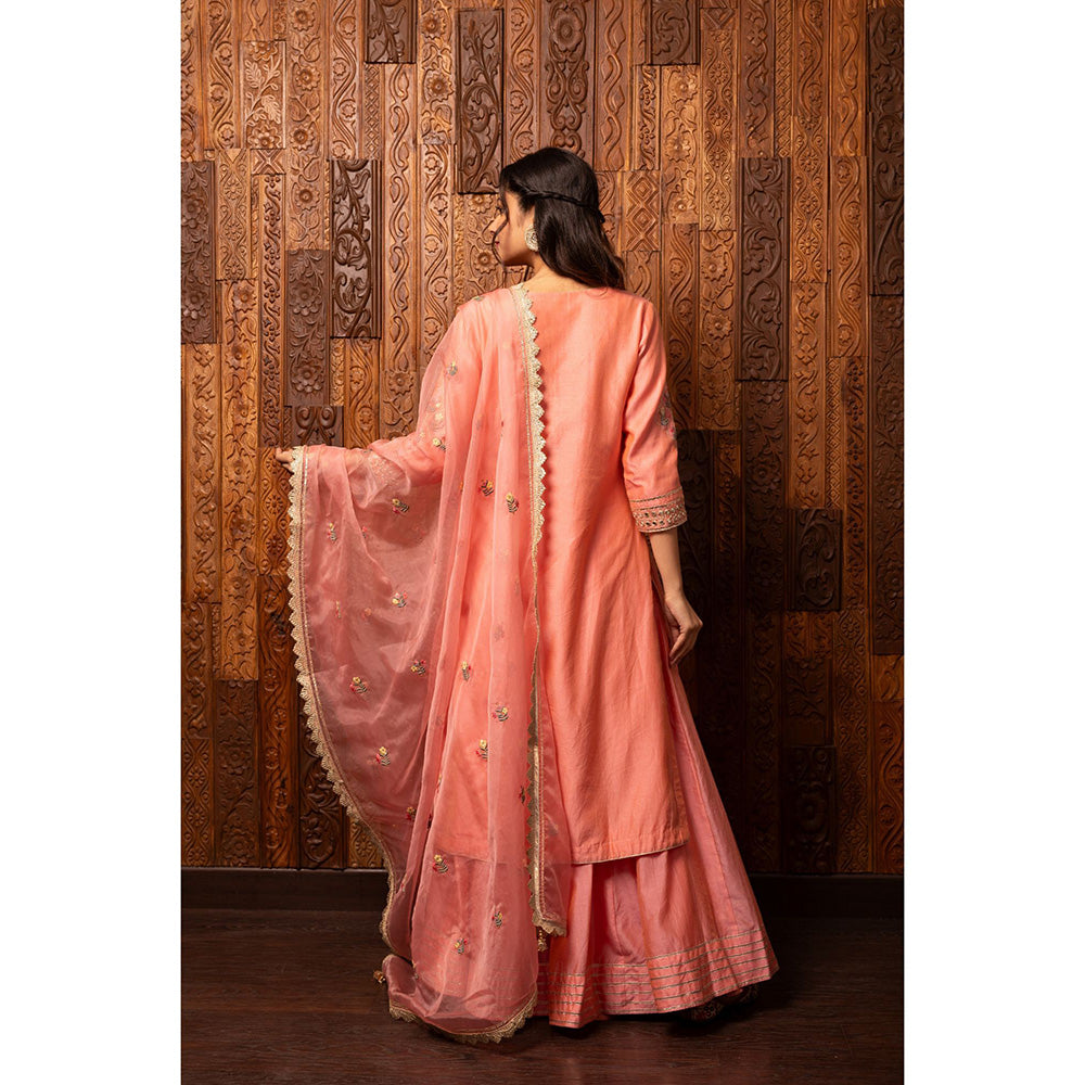 House of Supriya Pink Embroidered Silk Chanderi Kurta with Palazzo & Dupatta (Set of 3)