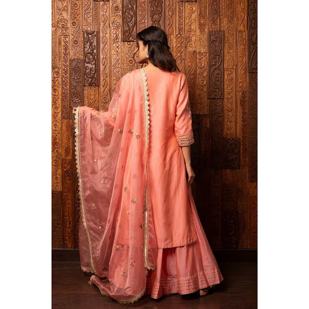 House of Supriya Pink Embroidered Silk Chanderi Kurta with Palazzo & Dupatta (Set of 3)